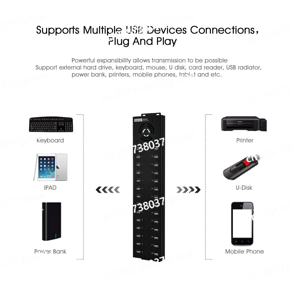 Фото Прочный промышленный USB-хаб на 32 порта (USB 2.0) с 30 портами для зарядки и синхронизации, в комплекте 2 адаптера питания 12В 10А для настольного использования, для телефонов A-832 №1