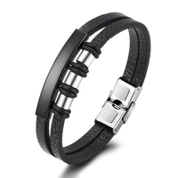 fashion retro geometric multi layer woven stainless steel bracelet for men creative metal match leather bracelet jewelry gift
