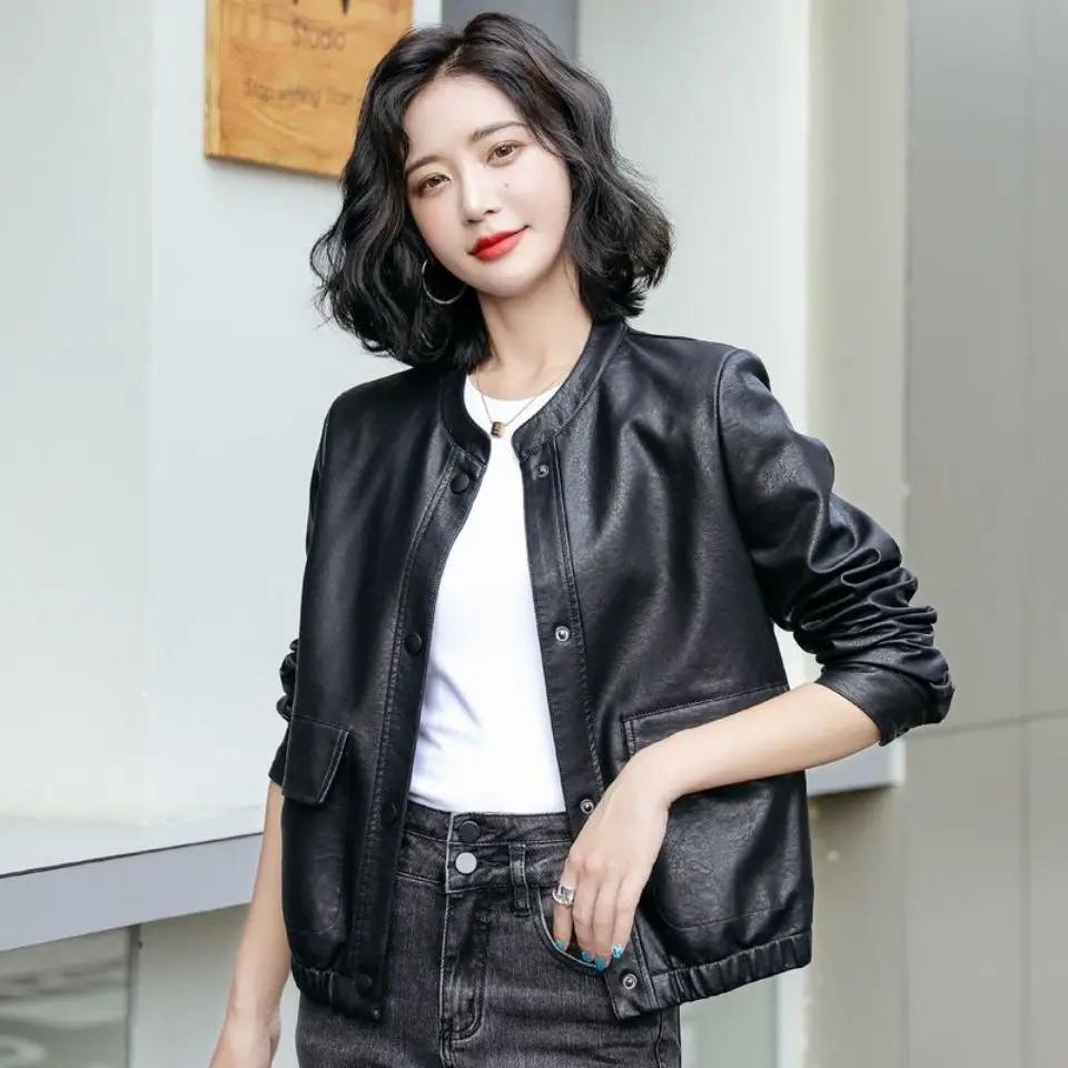 Stand Collar Leather Jacket Women's Short Autumn Dress 2022 Casual Leather Jackets Jaqueta Feminina  Vintage  Faux Leather