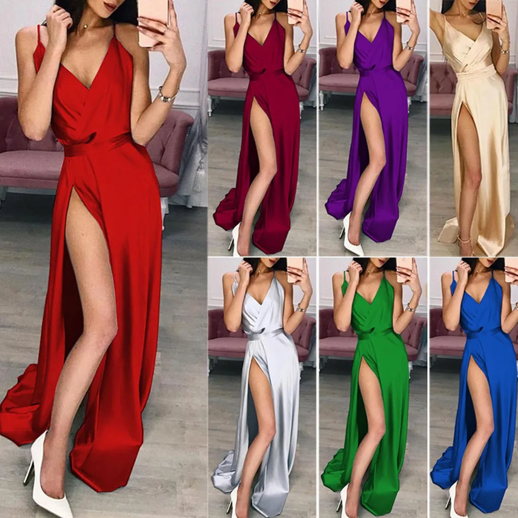 

Sexy Party Wedding Guest Maxi Clothes Summer Vintage Elegant Long Dress Women French Style Silk Sling Split V-neck Wrap Dress