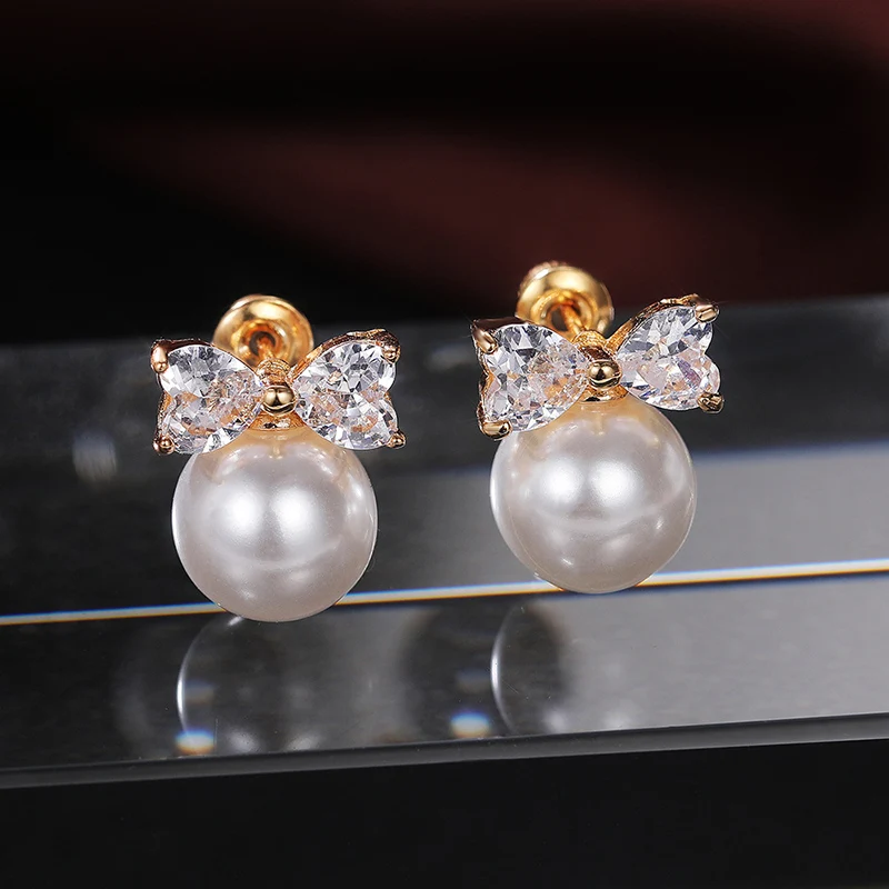 

New Trendy Gold Plated Bowknot Pearls Stud Earrings For Women Shine Heart CZ Stone Inlay Fashion Jewelry Party Gift Earring