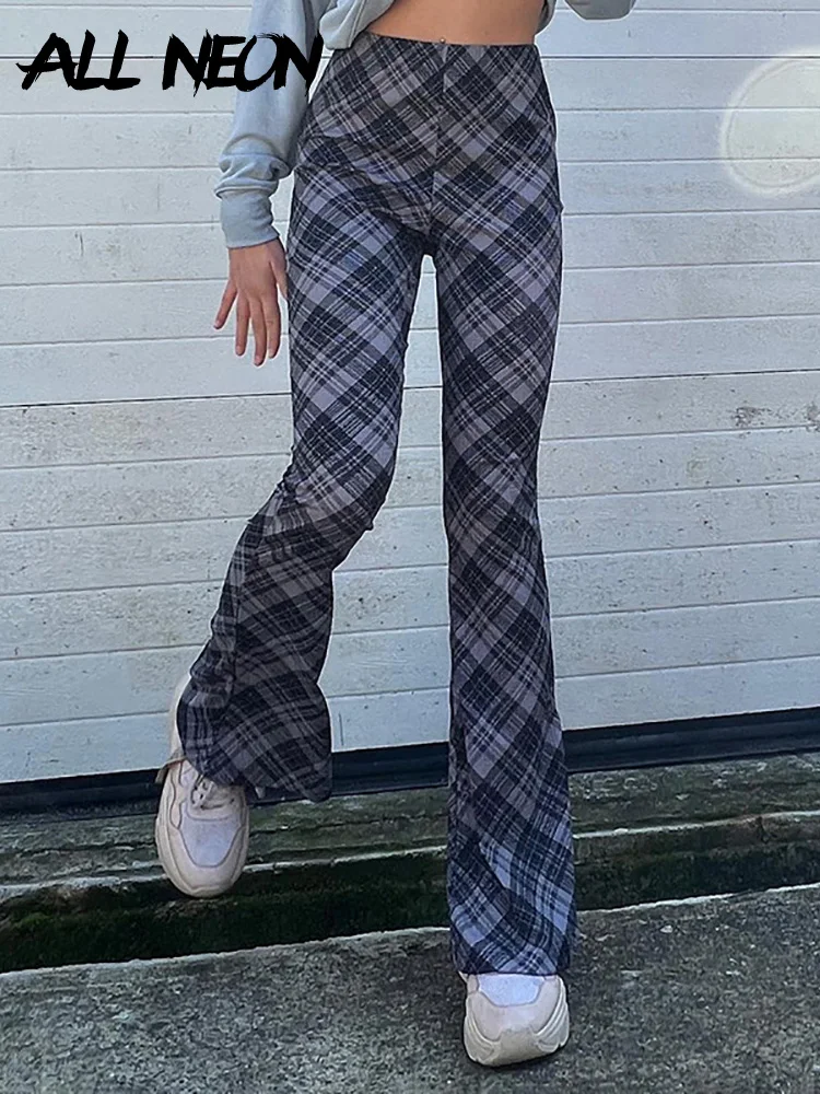 

ALLNeon Street Style 90s Argyle Plaid Print High Waist Flare Pants Retro Y2K Indie Full Length Boot Cut Trousers Slim Autumn New