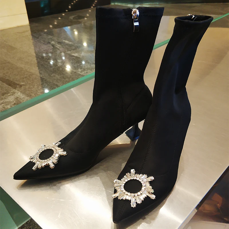 2023 New Autumn and Winter Pointed Toe Stiletto Mid-tube High Heels Rhinestone Elastic Women's Short Boots