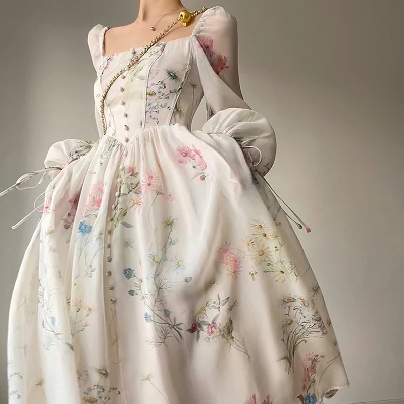 

French Elegant Floral Print Midi Dresses For Women Square Long Sleeve High Waist Holiday Dress 2023 Spring New Robe Clothing