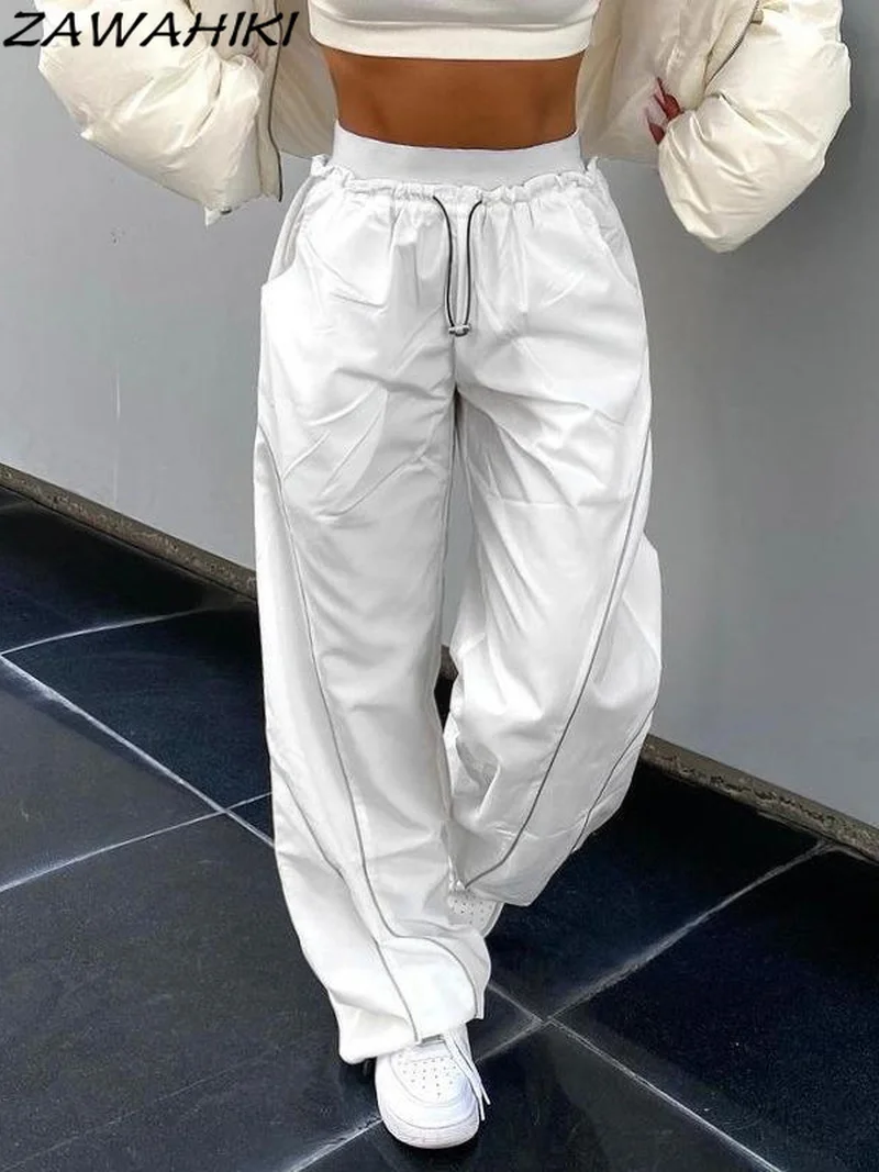 

Trendy Casual Baggy Wide Leg Drawing Cargo Pants Hippie joggers Elastic Waist White Bright Line Decoration Loose Trousers Women
