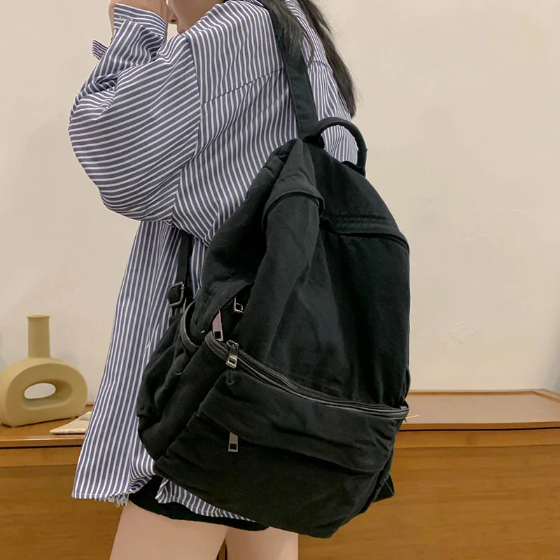 

Простой однотонный холщовый рюкзак для женщин, винтажная Дамская дорожная сумка для ноутбука для студентов колледжа, школьный ранец
