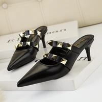 2022 women slippers summer high heels mules slipper new pointed sexy rivets outside shoes woman fashion sandals zapatos mujer