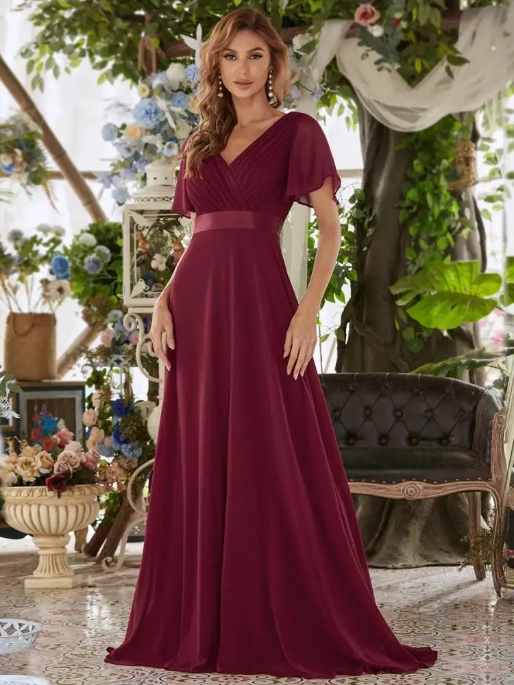 

Elegant Evening Dresses Chiffon long A-LINE Sleeveless Vneck 2022 ever pretty of Burgundy red Simple Bridesmaid dress Women