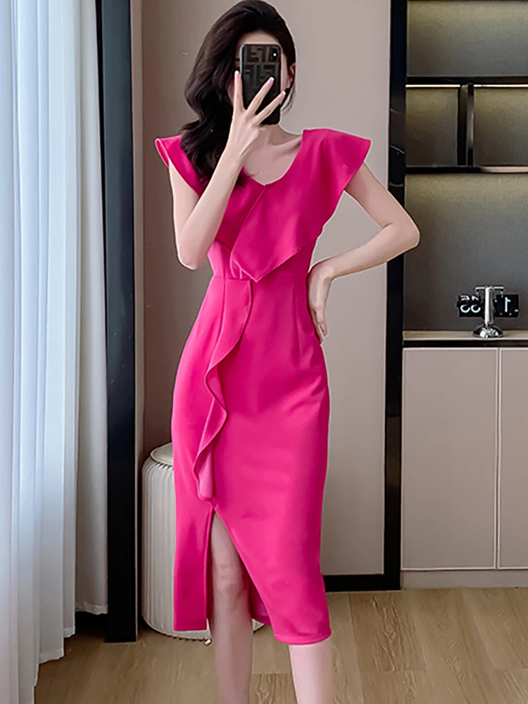 Женское однотонное элегантное платье с оборками и V-образным вырезом