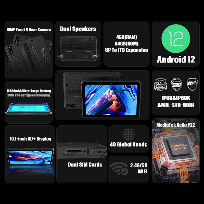 Фото Прочный планшет HOTWAV-R5, Android 12, 15600 мАч, 10,1-дюймовый HD, мини-планшет, 4 ГБ 64 ГБ, восьмиядерный процессор, 16 МП, Dual SIM, GPS, глобальная версия №2