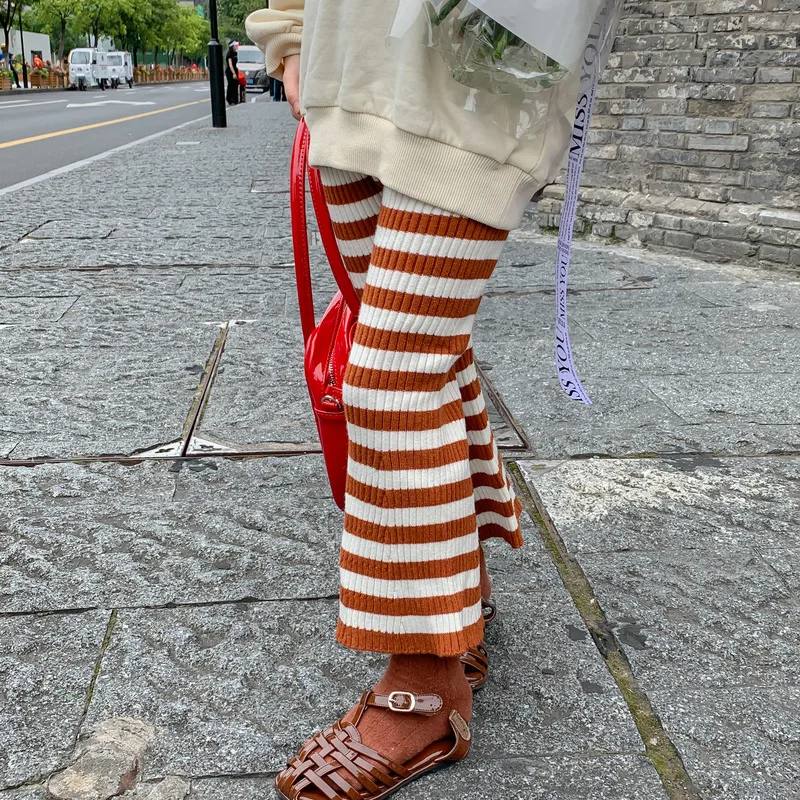 

RiniKinda Baby Girl Clothes 2022 Autumn New Girls' Slim Fit Pants Korean High Elastic Striped Knit Flare Pants Kids Trousers