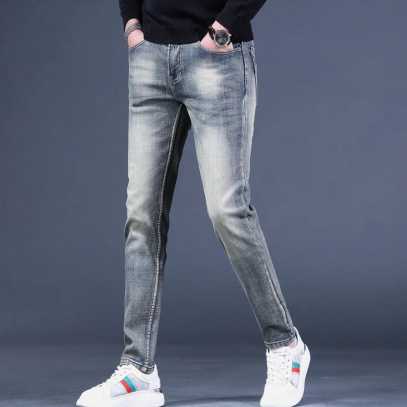 Men's Vintage Light Blue Jeans Autumn Streetwear Slim Fit Straight Pants Casual Cotton Scratched Denim Trousers CP2158