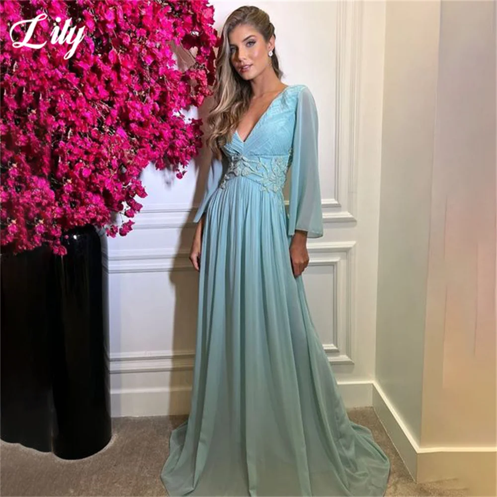 

Lily Beach Chiffion Evening Dresses Appliques Charming Prom Dress Puffy Sleeves Deep V Neck Party Dress Custom vestidos de noche