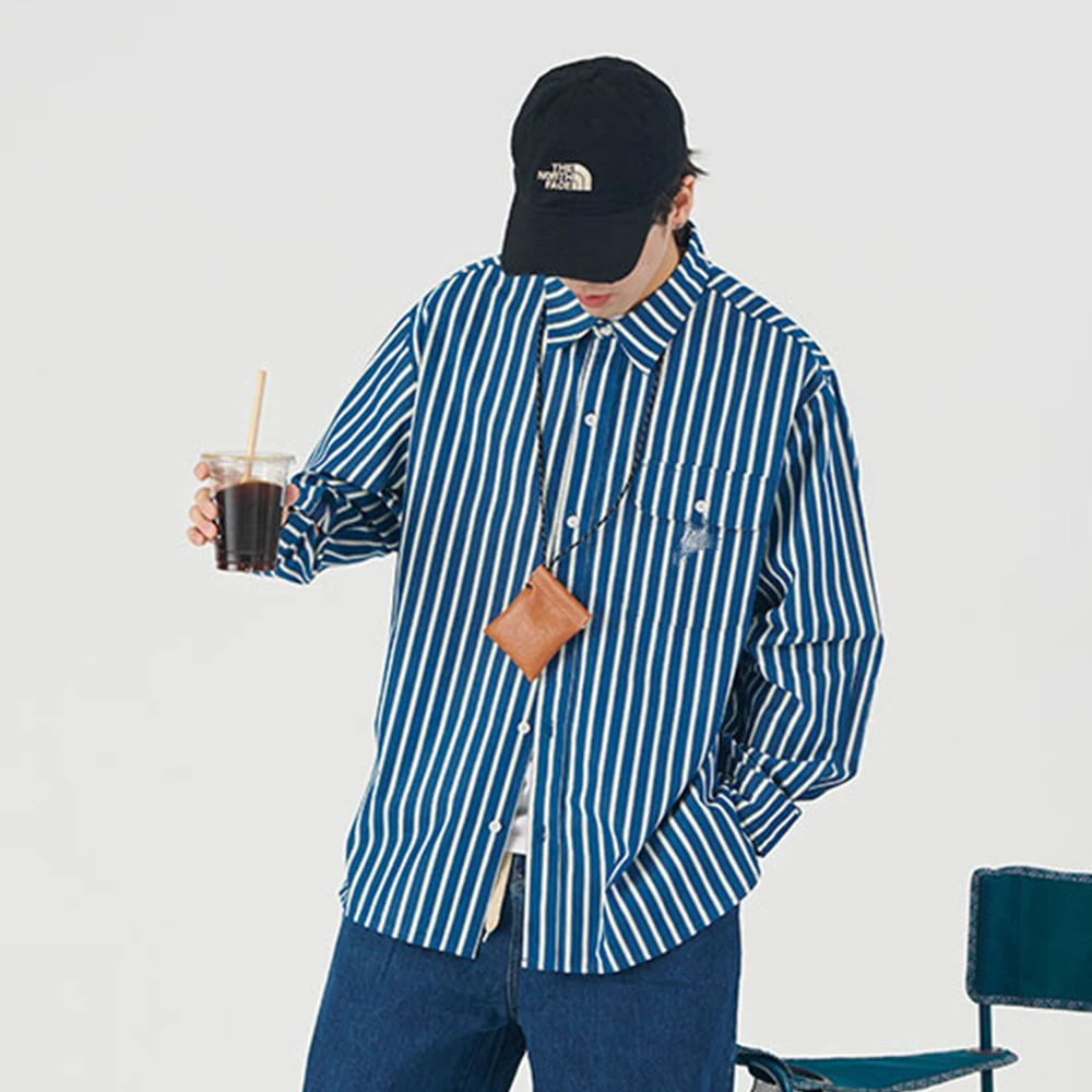 2022 Shirts for Men Casual Stripe Retro Shirt Long-Sleeved Chest One Pocket Design Fashion Button Men Shirt Plaid Shirt Men