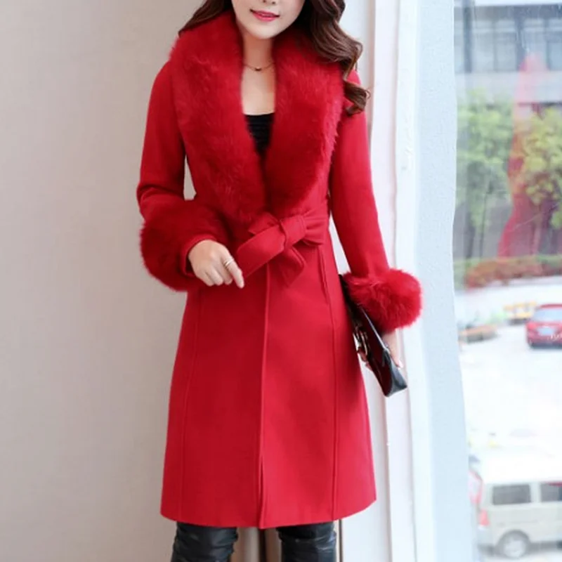 2022 New Winter Slim Long Faux Fur Jacket Women's Fashion Solid Color Mid-length Slim Lace-up Fur Collar Coat Jacket Women Coats