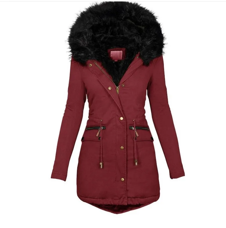 Women's autumn and winter solid color wool collar hooded medium long warm cotton padded jacket for women