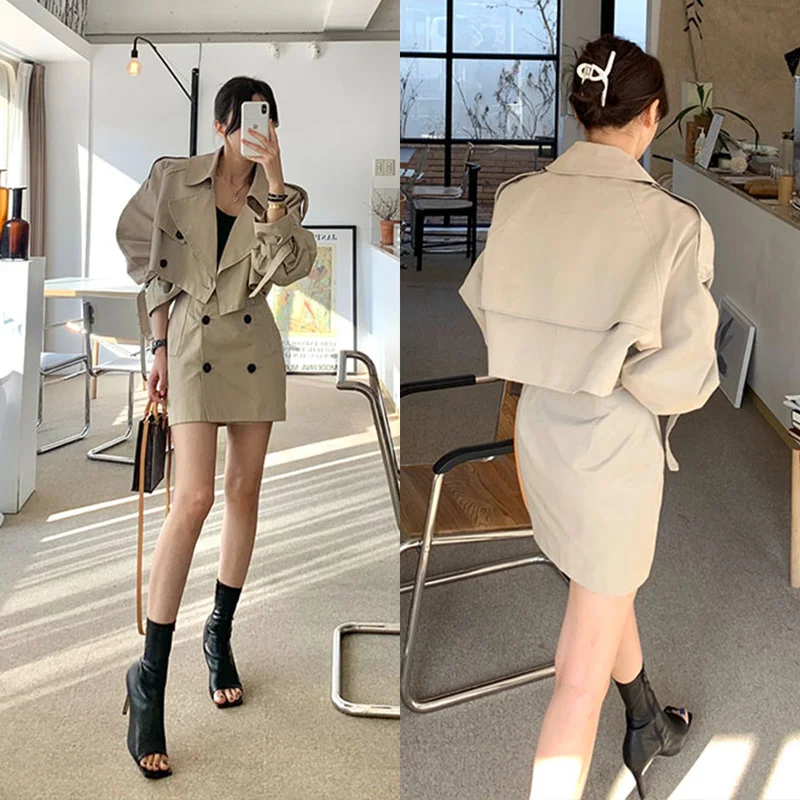 

Office Lady Temperament Big Lapel Double Breasted Trench Jacket Short + Wrap Hip Mini Skirts Casual Vintage Sets Fashion Korean