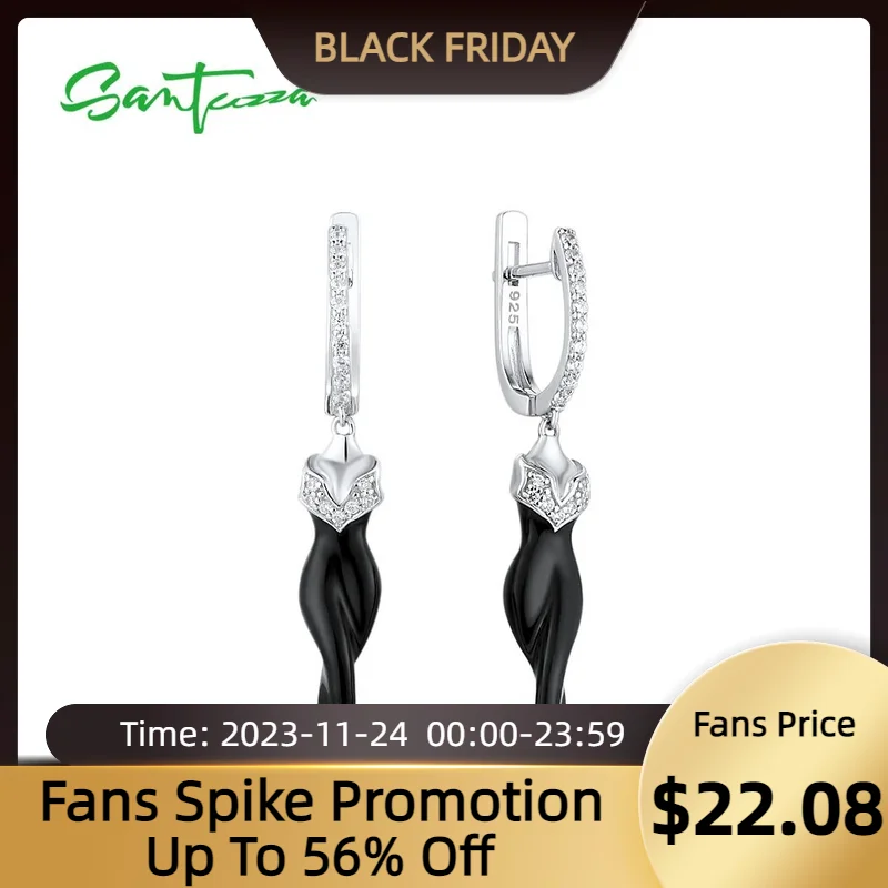 

SANTUZZA 925 Sterling Silver Drop Earrings For Women Shiny White Cubic Zirconia Black Enamel Dancing Lady Trendy Fine Jewelry