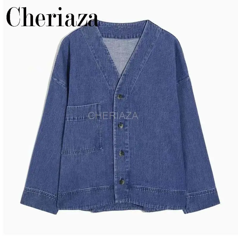 

CHeriaza Spring New Women's Loose Shoulder Drop Top Denim Shirt Jean jacket