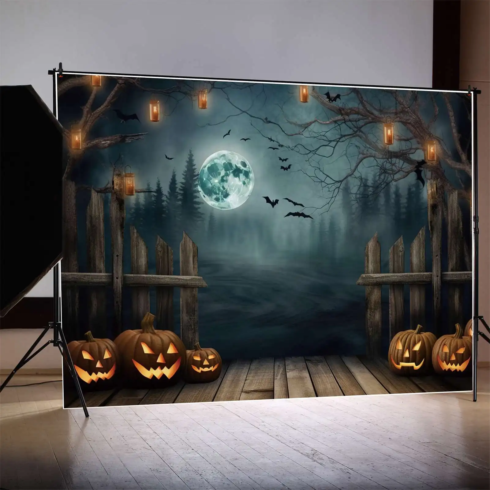 

MOON.QG Backdrop Wood Stage Wall Halloween Forest Photo Booth Background Children's Jack O Lantern Lamps Bat Party Decorations