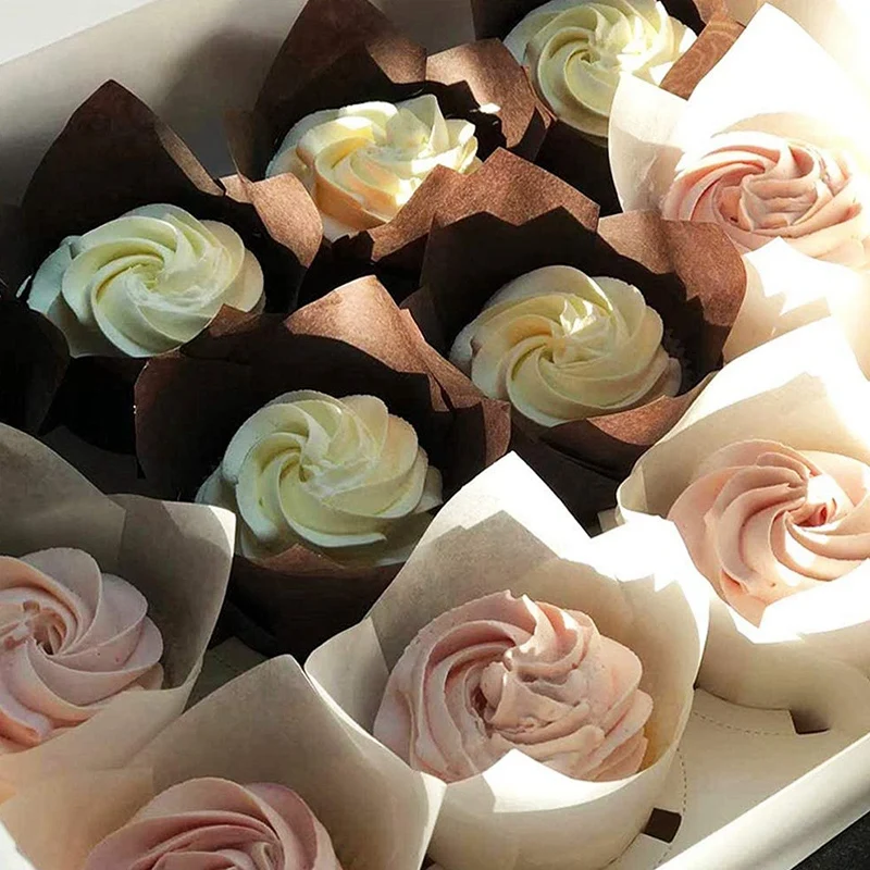 

400Pcs Tulip Cupcake Baking Cups, Muffin Baking Liners Holders, Rustic Cupcake Wrapper, Brown, White And Nature Color
