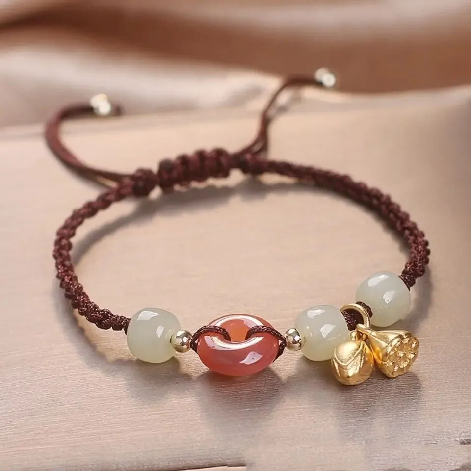 Браслет Hetian Jade Ping An Buckle Two Shihuan Женский нишевой дизайн античное Плетение ручной