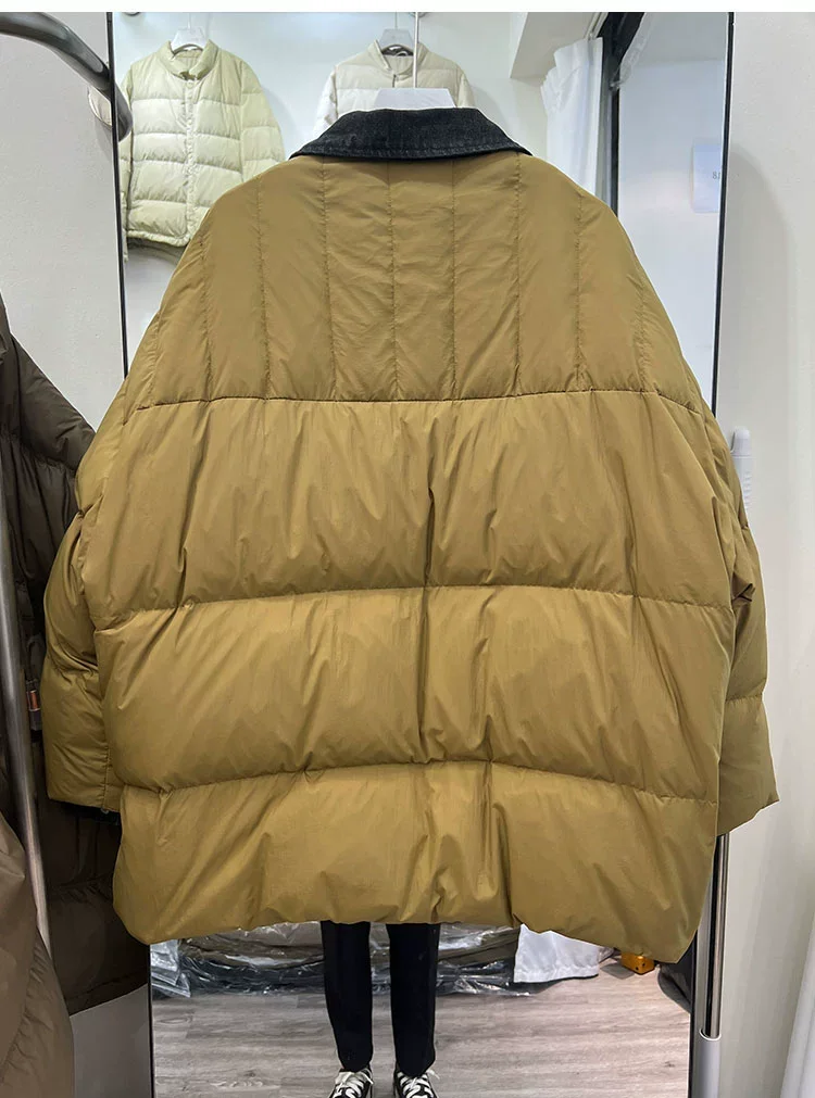 Fashion 2023 Winter Women's New Long Down Jacket, Fake Two-piece Casual Denim Splicing V-Neck Thick White Duck Down Coat