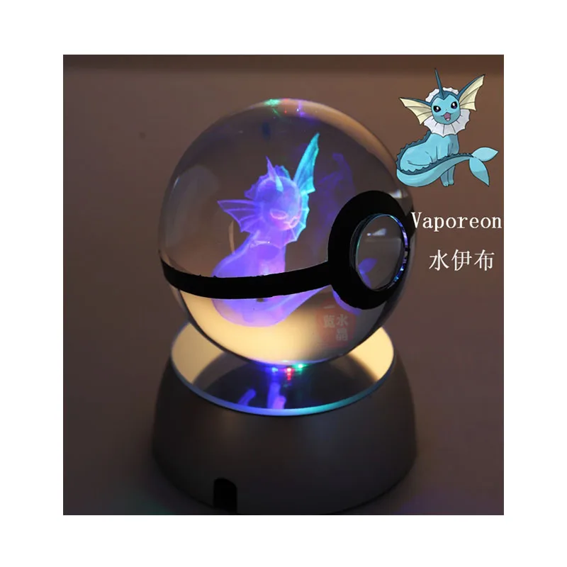 Anime Pokemon 3D Vaporeon ANIME GIFT Figures Laser Ball Engraving Round Crystal Bal LED Light Base Toy for Children Boys