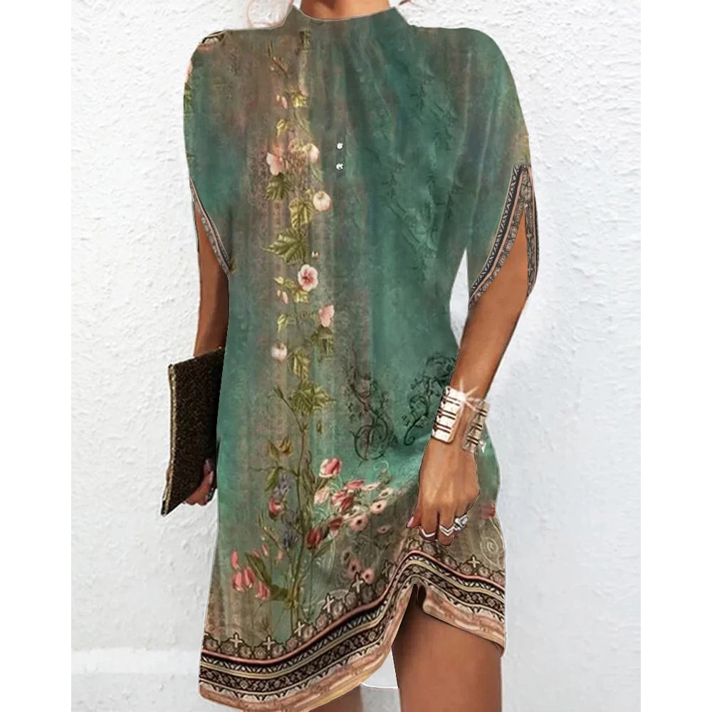 

Summer Women Floral Tribal Print Mock Neck Casual Party Dress Femme Short Sleeve Mini Bodycon Dress Lady Elegant Birthday