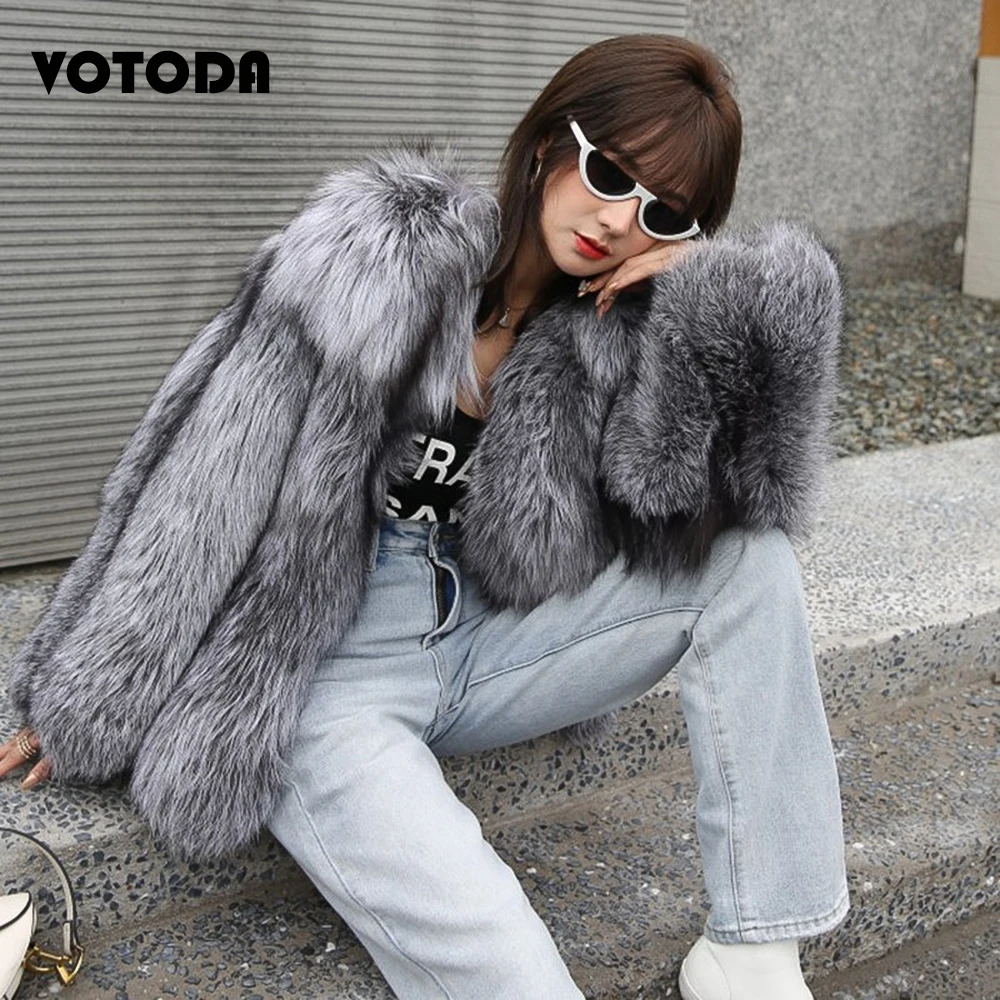 Winter Women Silver Fox Fur Coat High Quality Luxury Faux Fur Jacket Thicken Long Sleeve Fox Fur Overcoat Fluffy Furry Outerwear