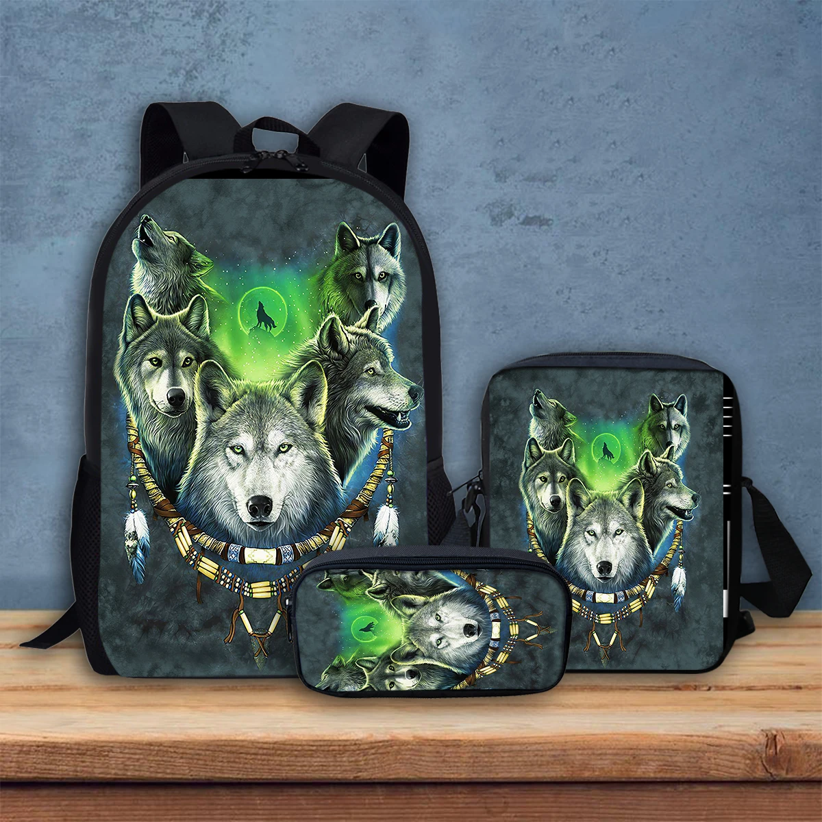 Classic Wolf Printed Student Bag Back to School Teen 3Pcs/Set  Crossbody Bag Outdoor Travel High Quality Boys Girls Pencil Case