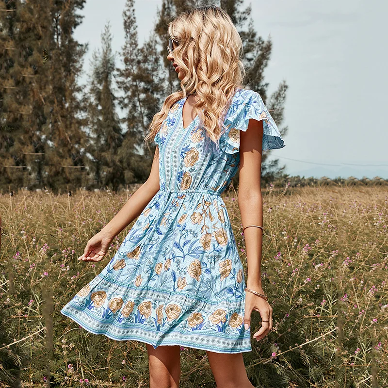 

Spring/Summer Fashion New 2022 Short Sleeve V-Neck Mid-Length Ladies Printed Casual Dress Fresh and Sweet Elegant Lady Clothing