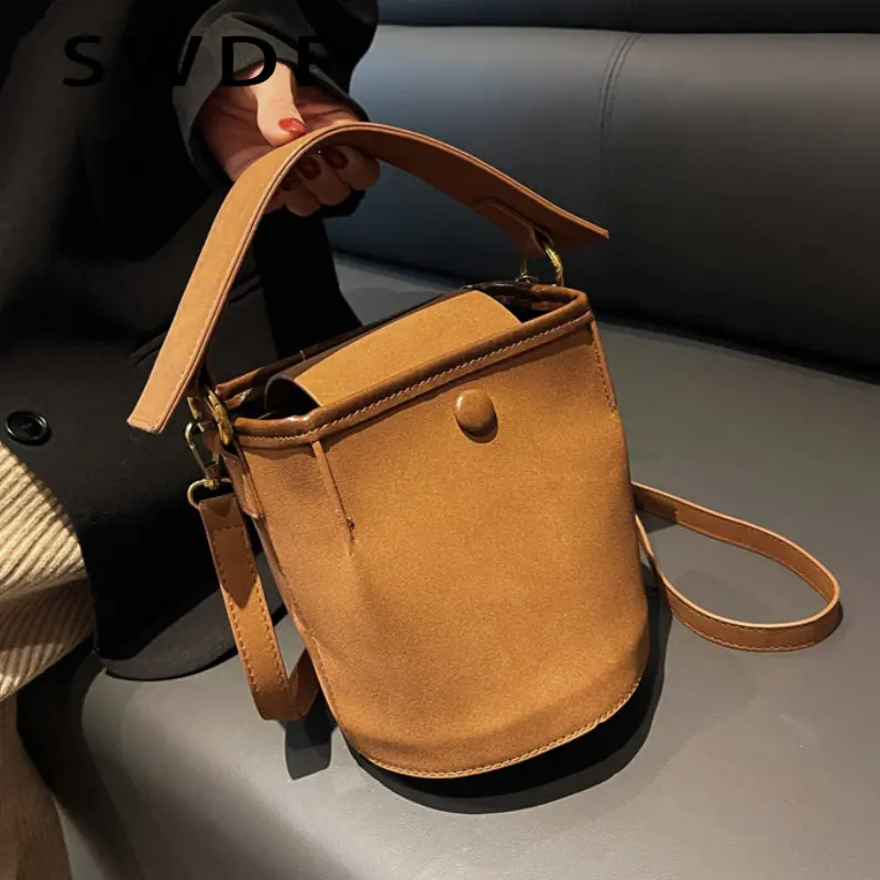 

SWDF Vintage Bucket Bag for Women Matte Leather Shoulder Bags Luxury Designer Crossbody Bag Quality Ladies Handbags and Purses