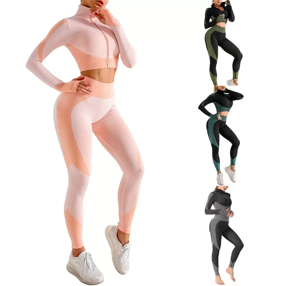 

Комплект одежды для йоги, спортивный костюм, женская спортивная одежда, Модный укороченный топ на молнии с длинными рукавами + длинные брюки...