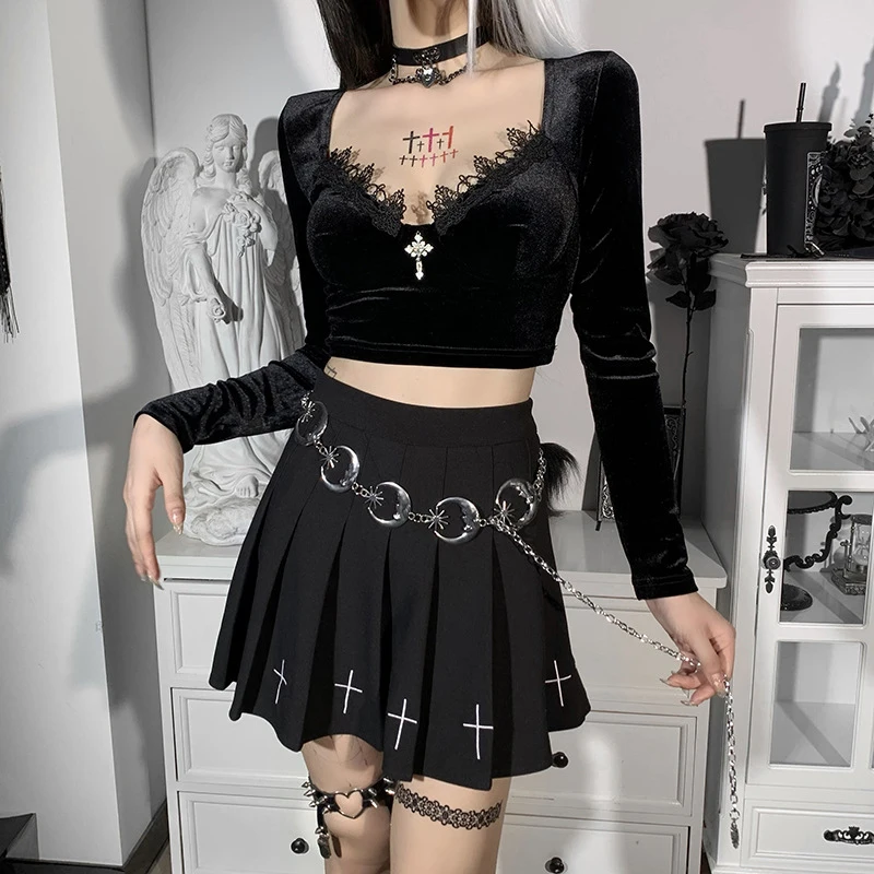 

Женская Кружевная футболка с длинным рукавом, в готическом стиле