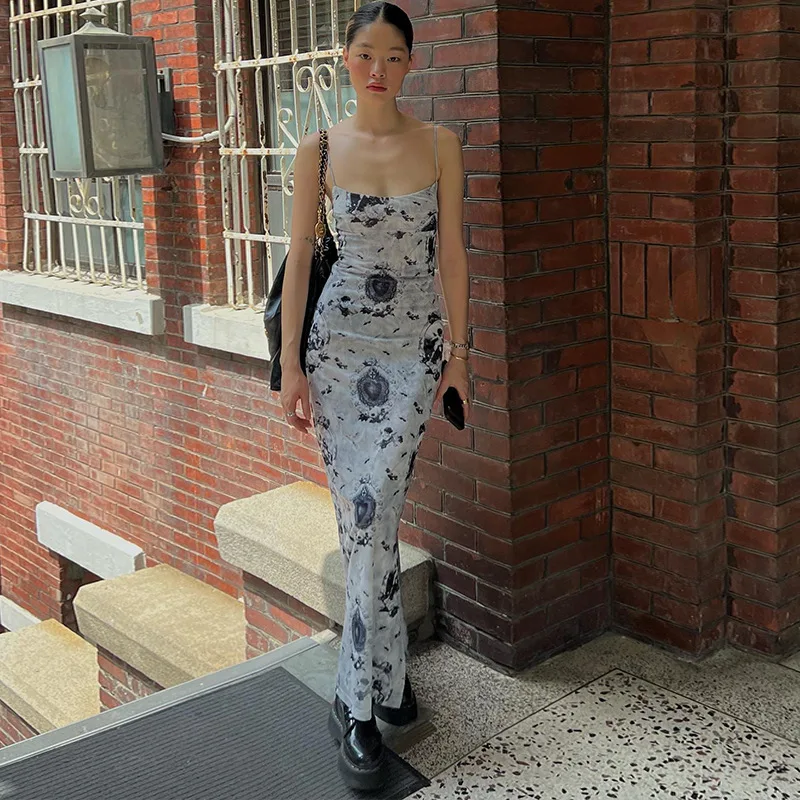 

2023 Summer Dress Chinese Ink Printing Slash-neck Maxi Dresses for Women Sexy Slim Sling Bodycon Dress Women's Clothing Vestidos