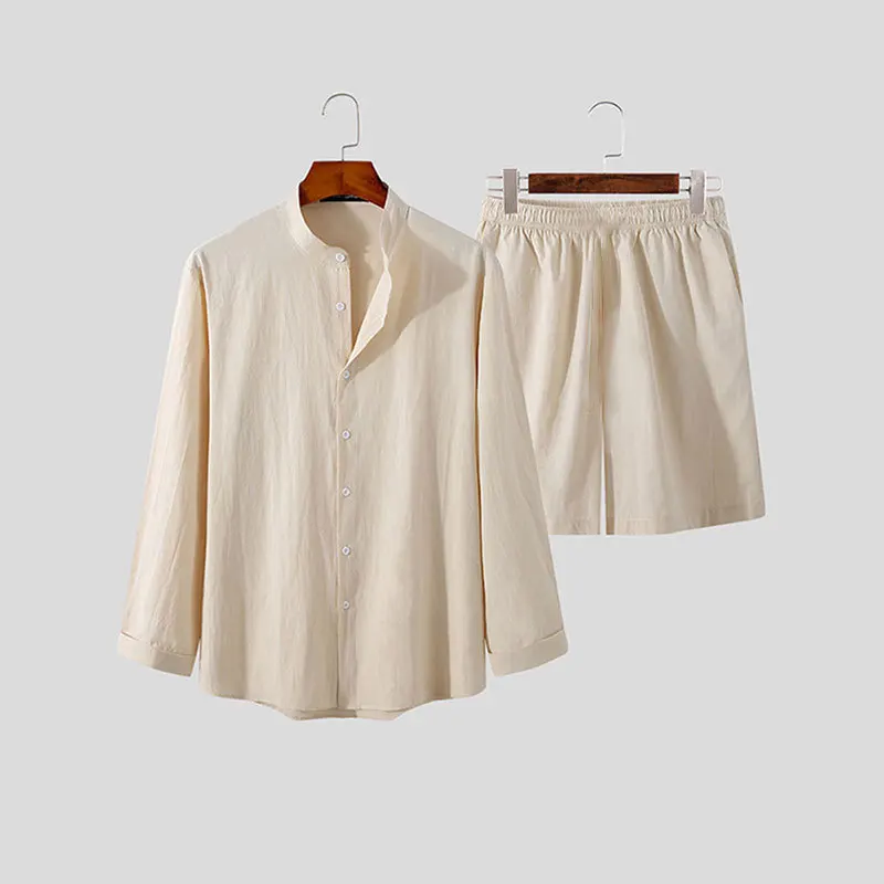 Mens Tops Solid Color 2023 Cross Border Spring New Loose Hawaiian Long Sleeve Shirt Shorts Two Piece Set for Men