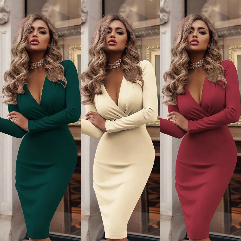 

New trendy solid slim Women Holiday V Neck Long Sleeve Bodycon Ladies Party spring Summer Beach Midi Dress