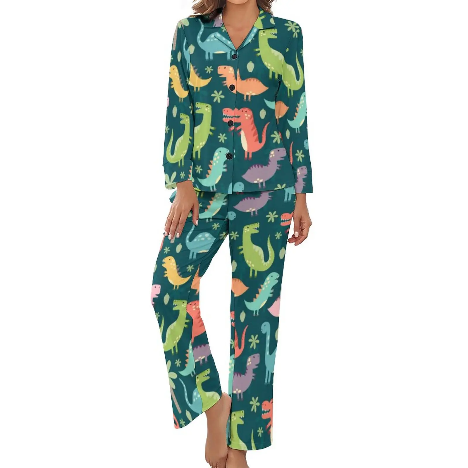 

Cute Colorful Dinosaurs Pajamas Tyrannosaurus Rex Dinosaur Capri Long Sleeves Retro Pajama Sets Sleep Autumn Print Sleepwear