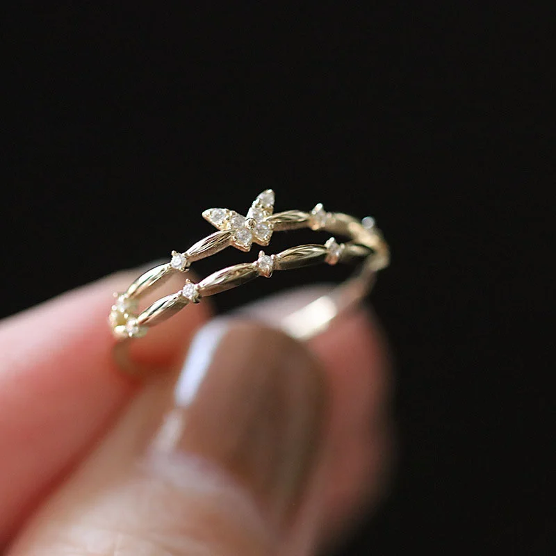 

Delicate Cute Butterfly Rings For Women Girl Double Layer Band Skinny Ring Rhinestone Minimal Ring Bague Femme Anillo Mujer