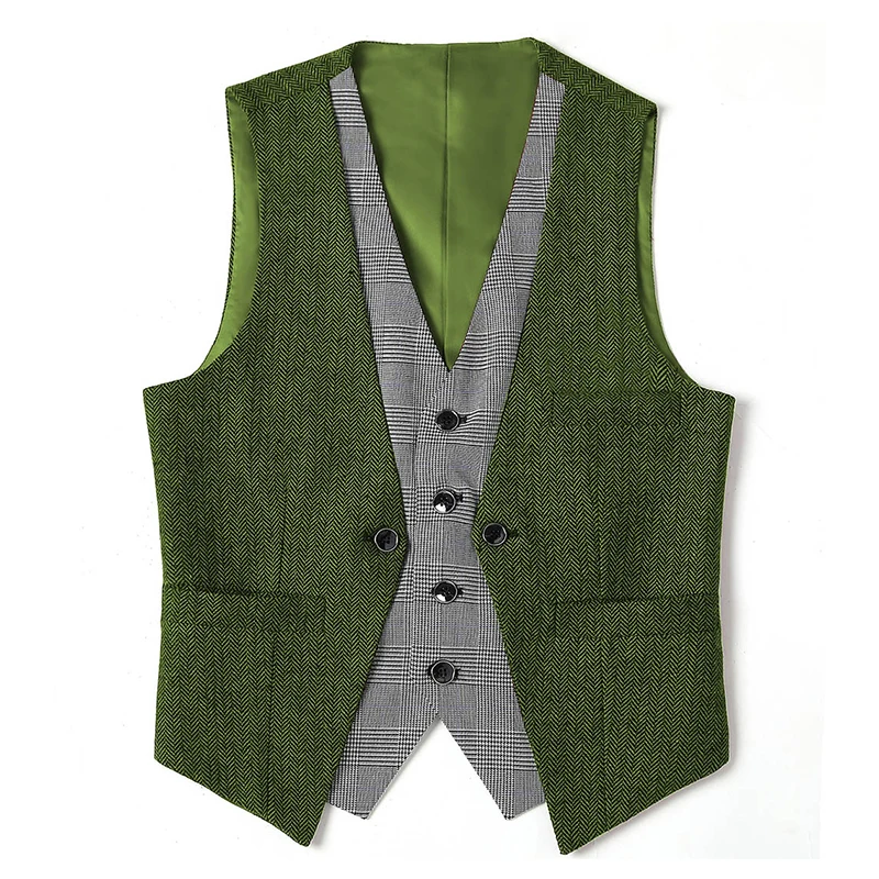 

Мужской костюмный жилет, зеленая клетчатая строчка, V-образный вырез, однобортный мужской джентльмен, брикет для свадьбы