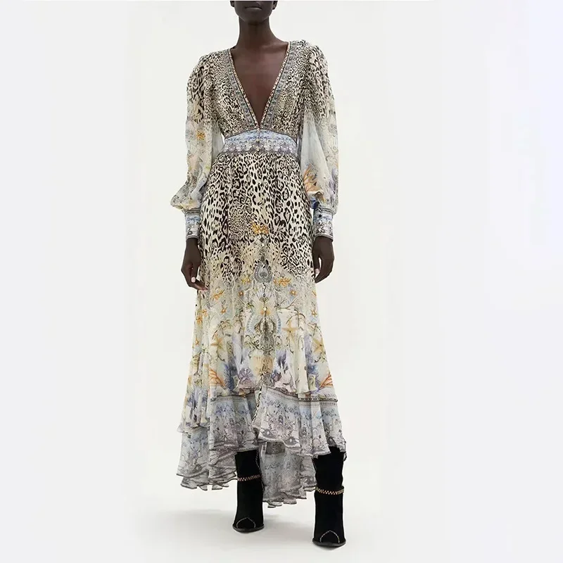 Новое весеннее женское платье темпераментное длинное с глубоким v-образным