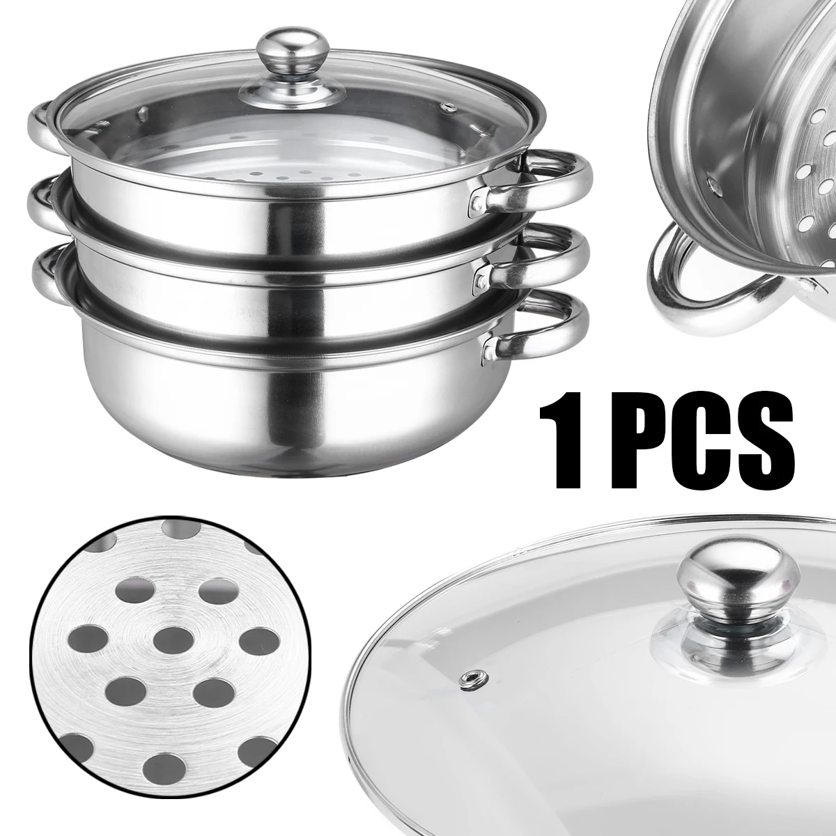 

Stainless Steel 3 Tier Cooking Steamer Fish Rice Vegetable Induction Steaming Pot Cookware Utensil 27.5 Cm With Cover