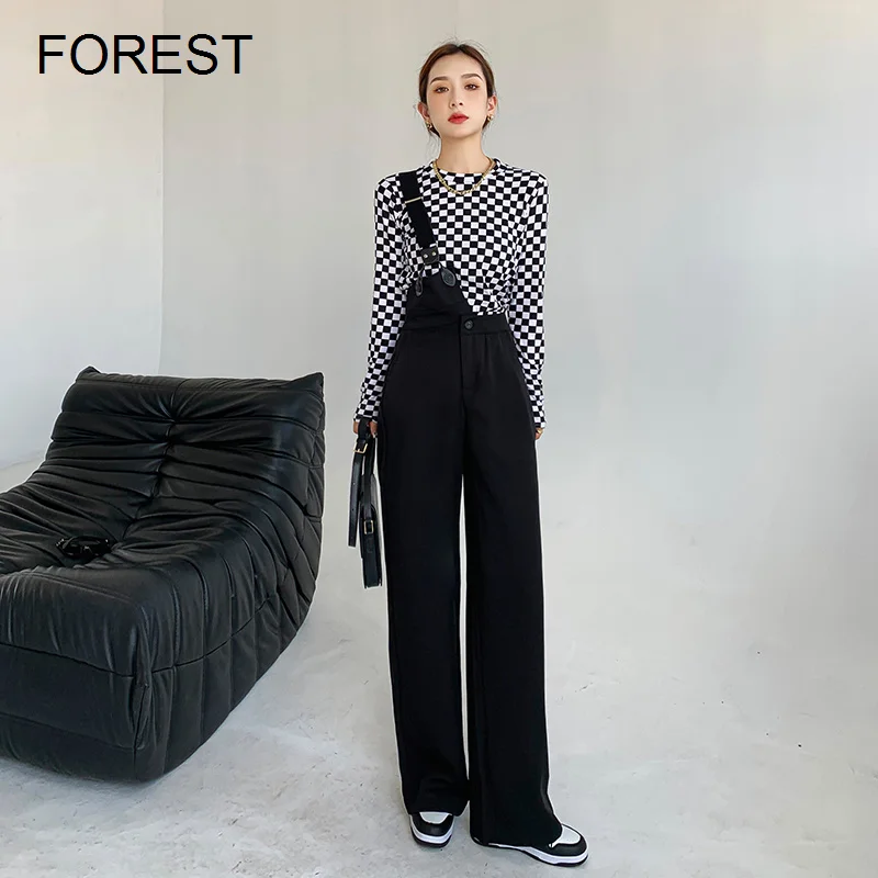 

Комплект брюк женский зимний, шахматный Топ с длинным рукавом, с завышенной талией, с одним плечевым ремнем, широкие штаны, лес