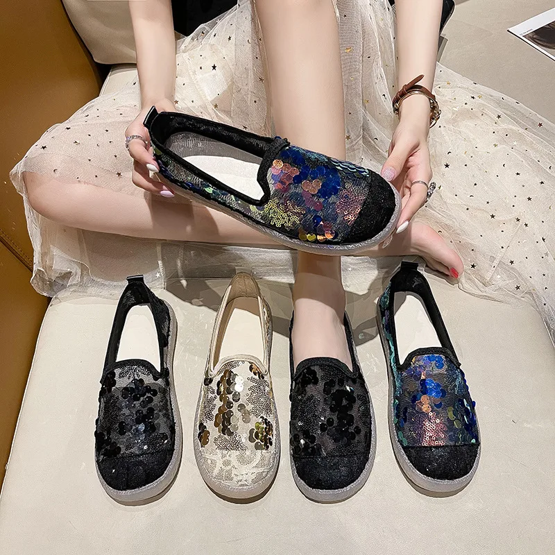 

2023 Spring Autumn Korean version Fashion Temperament Soft Flat Shoes Mesh Yarn Breathable Sequins Casual Shoes Shoes for Women