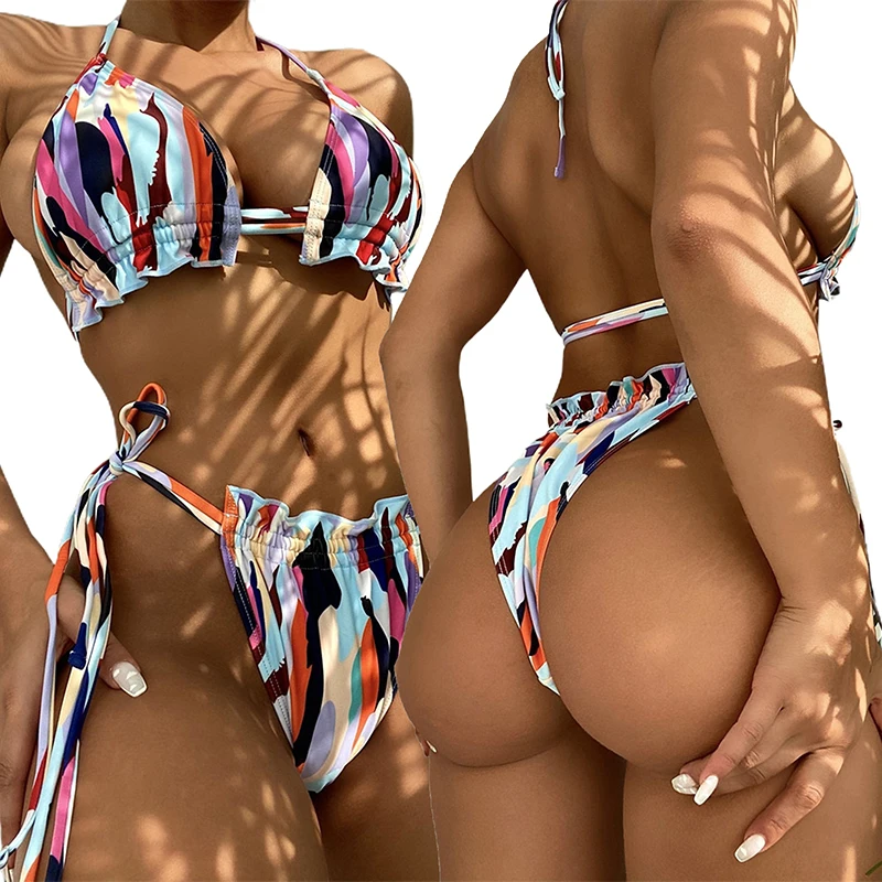 

Women Swimsuit Color Contrast Printed Ruffled Bandage Halter Bra Printed Triangle Panties Padded Bathing Swimming Suit