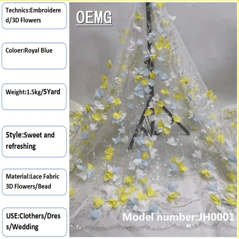 

OEMG 3D Beads Lace Fabric 2022 High Quality Paillette Mesh Embroidery Applique 3D Flower Tulle Nigerian Lace Fabrics For Bridal
