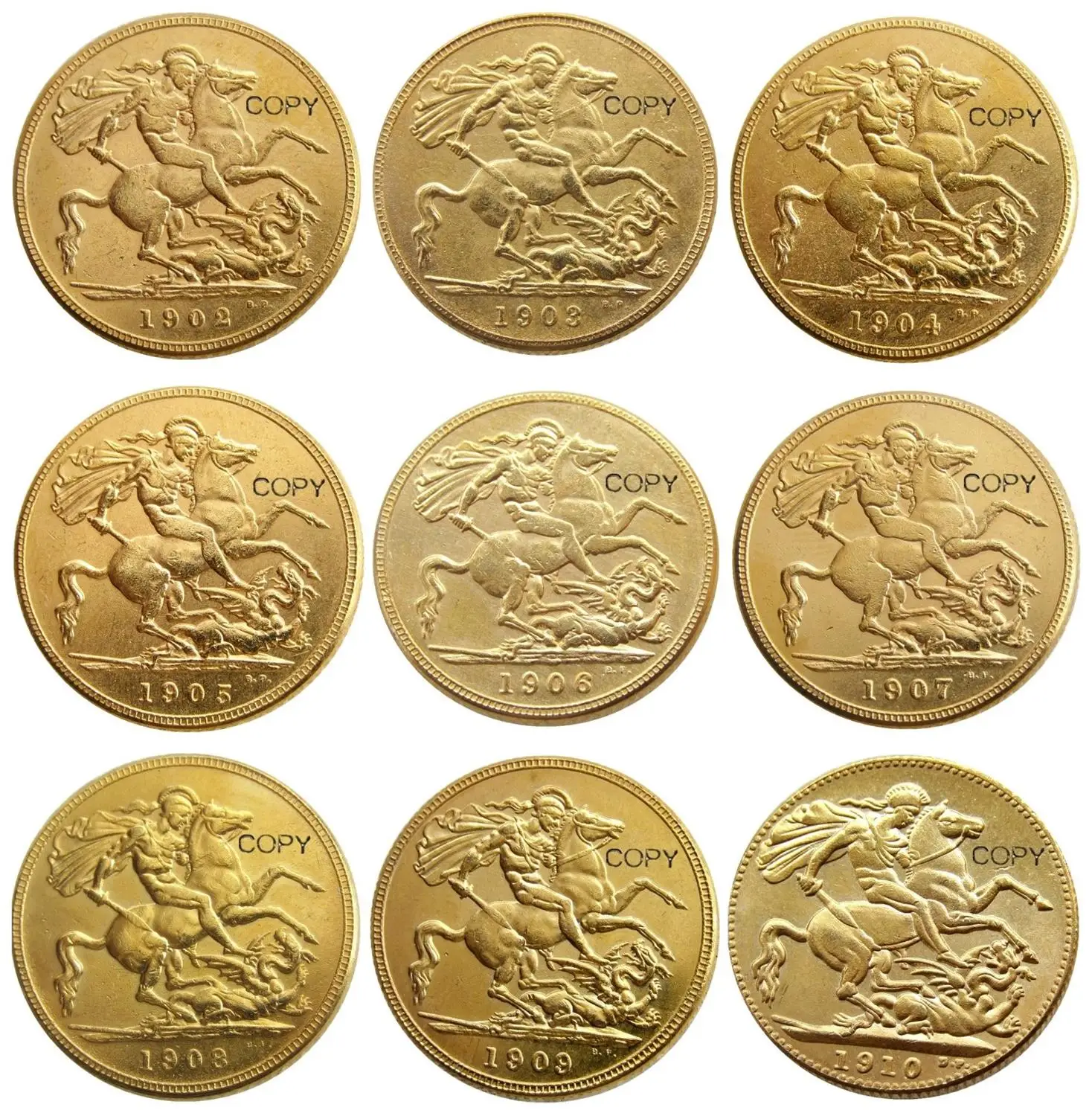

(1902-1910) 9PCS Dates KING EDWARD VII MATT PROOF GOLD PLATED 1 SOVEREIGN (1LSD) COPY COINS