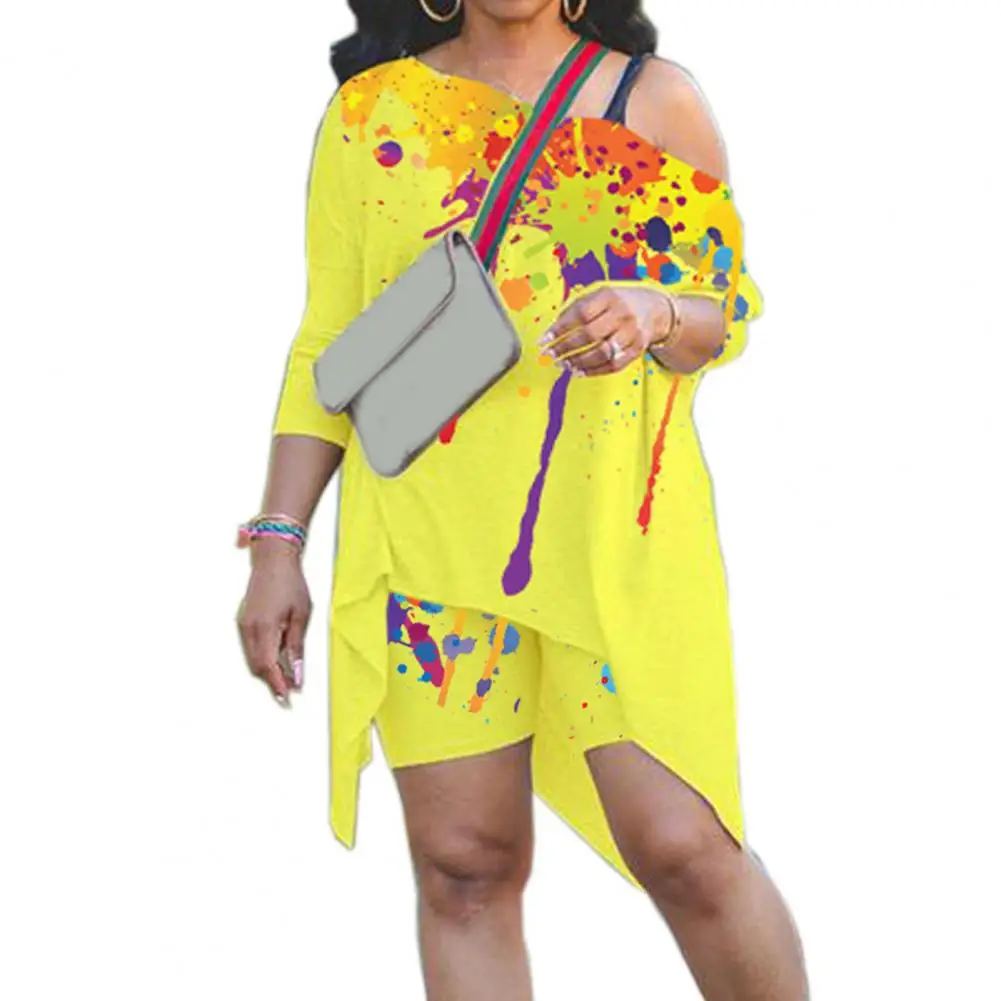 

Casual Summer Tracksuit Women Pink Letter Print Outfits 2 Piece Sets One Shoulder Irregular Top Shorts Sport Streetwear