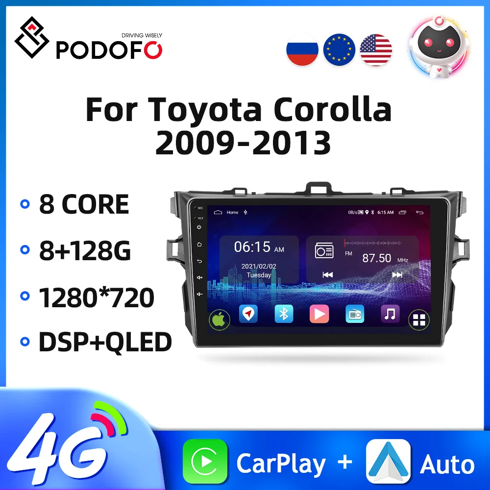 

Podofo 2din Car Radio Android 10 Audio Stereo For Toyota Corolla 2009-2013 9'' Multimedia Video Player GPS 4G WIFI DSP Carplay